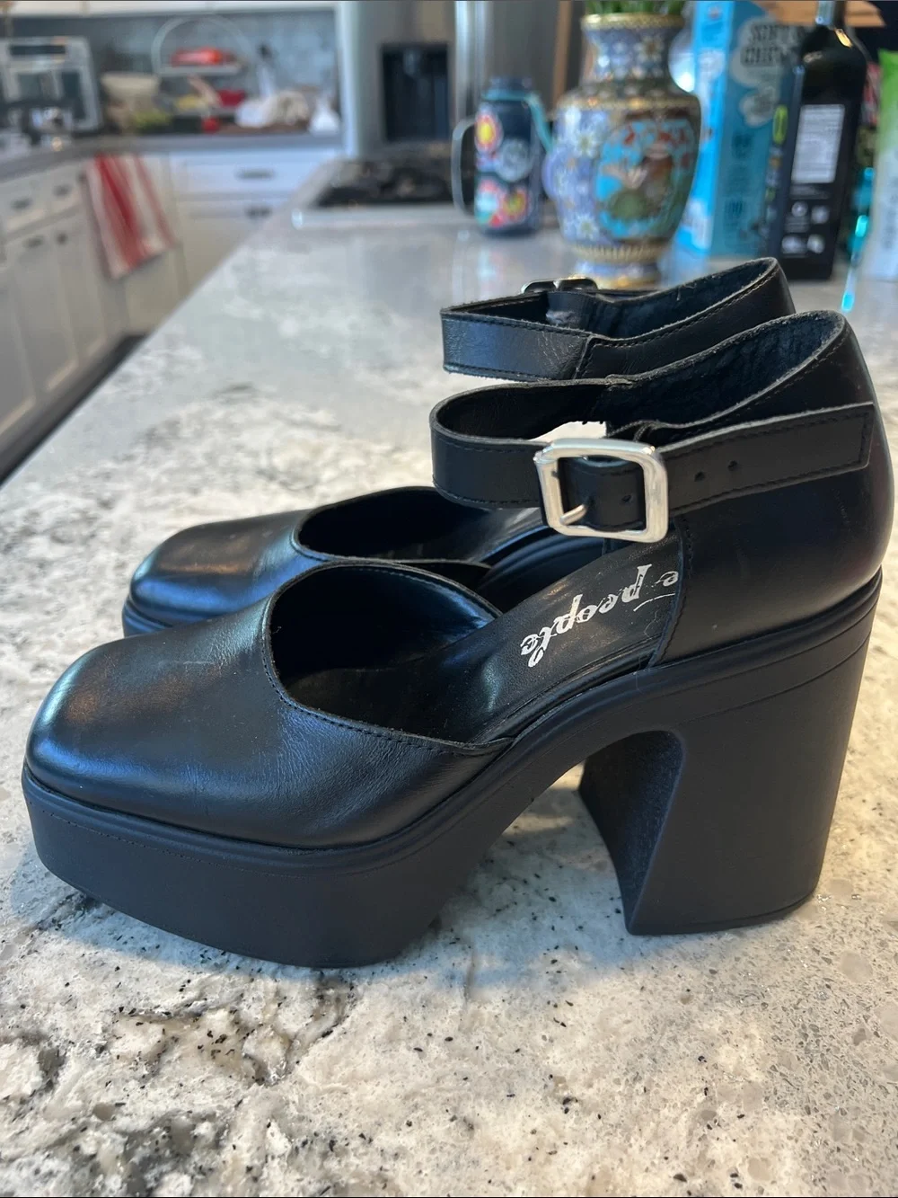 Free People Black Platform Mary Jane Heels with Ankle Strap